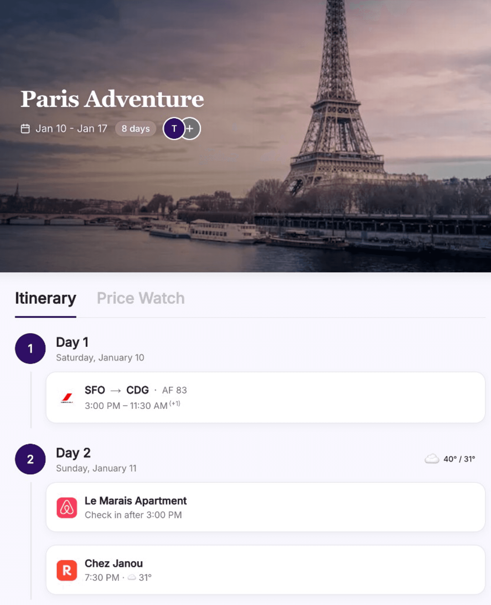 Plot trip organizer showing a Paris Adventure itinerary with flights, hotels, and restaurants