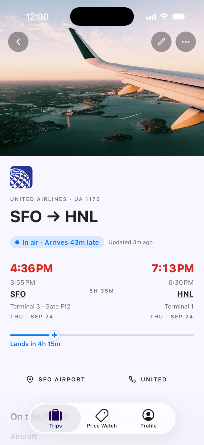 Plot flight detail showing United UA 1175 from SFO to Honolulu in the air and arriving 43 minutes late, with revised times, terminal and gate, and a progress bar