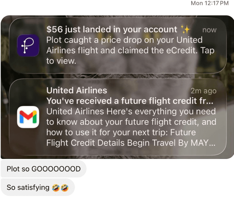 A Plot user texting a friend 'Plot so good, so satisfying' after Plot caught a $56 price drop on a United flight and claimed the credit